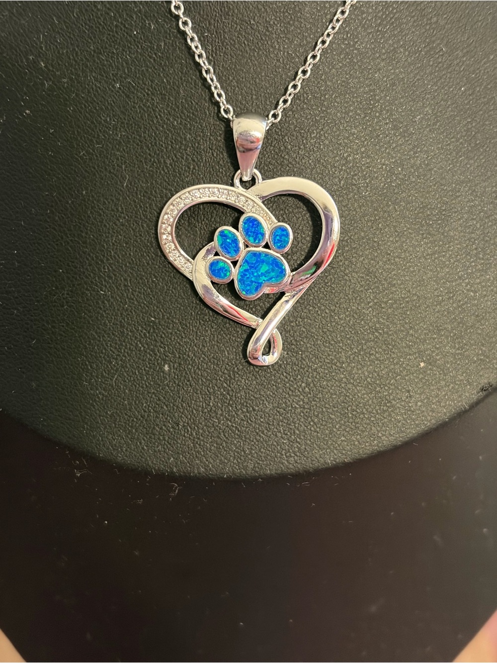 Silver Heart Paw Pendant Necklace with Blue Opal Accents